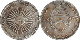 ARGENTINA. 8 Reales, 1813-PTS J. Potosi Mint. PCGS Genuine--Repaired, EF Details.

KM-5. The first year of issue for the popular "sunface" coinage, ...