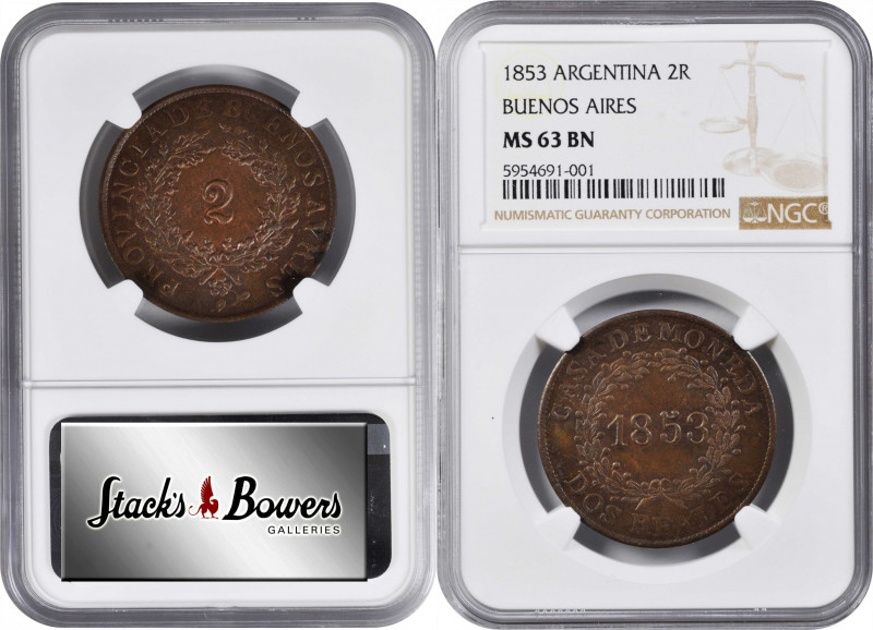 ARGENTINA. Buenos Aires. 2 Reales, 1853. NGC MS-63 Brown.

KM-9. This beautifu...