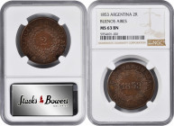 ARGENTINA. Buenos Aires. 2 Reales, 1853. NGC MS-63 Brown.

KM-9. This beautifully preserved survivor exhibits a bold strike with smooth chocolate br...