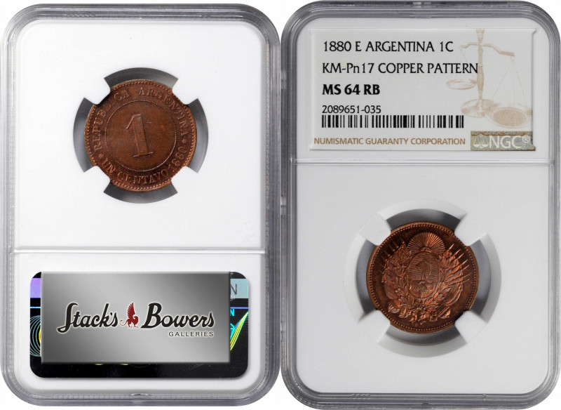 ARGENTINA. Copper Centavo Pattern, 1880-E. NGC MS-64 Red Brown.

KM-Pn17; Jans...