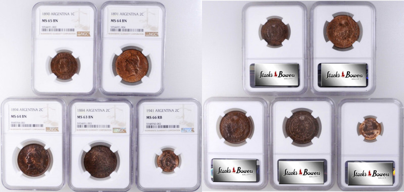 ARGENTINA. Quintet of Bronze Issues (5 Pieces), 1884-1941. All NGC Certified.
...