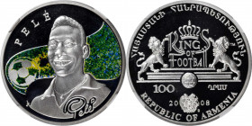 ARMENIA. 100 Dram, 2008. NGC PROOF-68 Ultra Cameo.

A colorized "Kings of Football" issue, featuring Brazilian player Pele. Sold with original round...