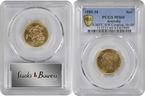 AUSTRALIA. Sovereign, 1885-M. Melbourne Mint. Victoria. PCGS MS-60.

Fr-16; S-3857C; KM-7. St. George Reverse Variety, with "WW" complete and small ...