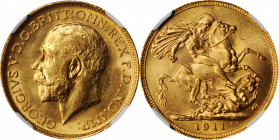 AUSTRALIA. Sovereign, 1911-S. Sydney Mint. George V. NGC MS-64.

Fr-38; S-4003; KM-29. A sharply struck and lustrous near-Gem, with rich, deep golde...