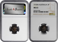 AUSTRALIA. 3 Pence, 1918-M. Melbourne Mint. George V. NGC MS-63.

KM-24. An attractive little coin with good strike, satiny luster, and rich, dark m...