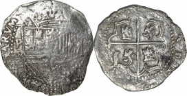 BOLIVIA. Cob 2 Reales, ND (ca. 1598-1603)-P B. Potosi Mint. Philip III. VERY GOOD.

KM-8; Cal-type 128#625. Weight: 6.1 gms. A moderately detailed C...