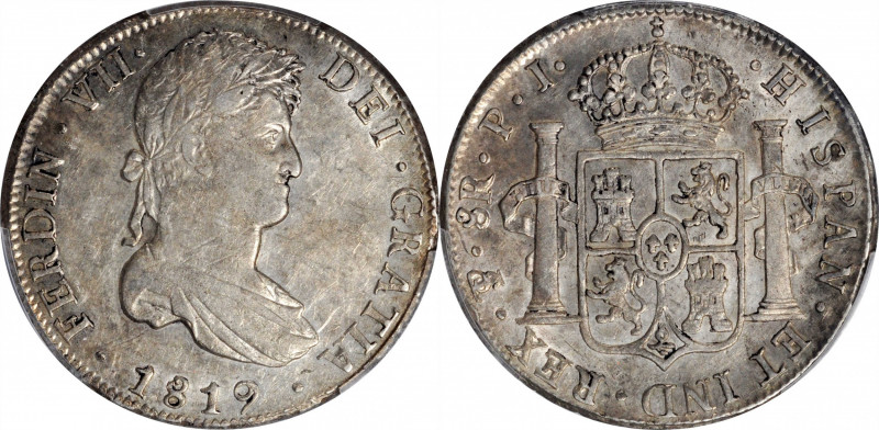 BOLIVIA. 8 Reales, 1819-PTS PJ. Potosi Mint. Ferdinand VII. PCGS AU-55.

KM-84...
