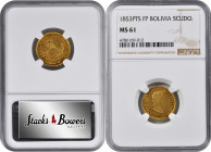 BOLIVIA. Scudo, 1853-PTS FP. Potosi Mint. NGC MS-61.

Fr-35; KM-114. This handsome little gold coin exhibits a bold strike displaying light attracti...