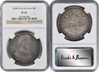 BOLIVIA. 8 Soles, 1828-PTS JM. Potosi Mint. NGC EF-45.

KM-97. Mildly circulated surfaces demonstrate cool, cobalt gray patina with some original lu...