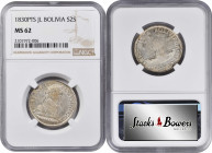 BOLIVIA. 2 Soles, 1830-PTS JL. Potosi Mint. NGC MS-62.

KM-95a. Offering bountiful mint luster and a lively satin texture, this champagne-argent min...