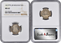 BOLIVIA. Sol, 1827-PTS JM. Potosi Mint. NGC MS-62.

KM-94. Krause values this VERY SCARCE and appealing Sol at $800 in MS-60, a grade that would be ...