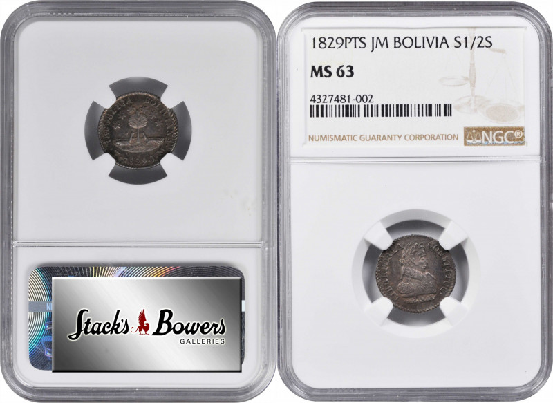 BOLIVIA. 1/2 Sol, 1829-PTS JM. Potosi Mint. NGC MS-63.

KM-93.2. Antique amber...