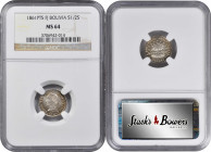 BOLIVIA. 1/2 Sol, 1861-PTS FJ. Potosi Mint. NGC MS-64.

KM-133.2. Given its manufacture under relatively primitive circumstances, this piece has an ...