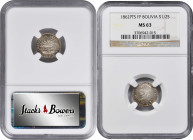 BOLIVIA. 1/2 Sol, 1862-PTS FP. Potosi Mint. NGC MS-63.

KM-133.2. Highly lustrous champagne gold surfaces with some deeper toning on both sides mani...