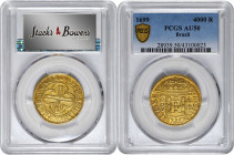 BRAZIL. 4000 Reis, 1699-(R). Rio de Janeiro Mint. Pedro II. PCGS AU-50.

Fr-21; KM-98. Variety with obverse legend "REX թ". Still lustrous with the ...