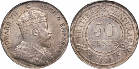 BRITISH HONDURAS. 50 Cents, 1906. Edward VII. PCGS MS-62.

KM-13. Mintage: 15,000. The SCARCE date of this two year type, not often seen in uncircul...