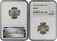 BULGARIA. 50 Stotinki, 1883. St. Petersburg Mint. Alexander I. NGC AU-58.

KM-6. Attractively detailed for the grade with the appearance of scattere...
