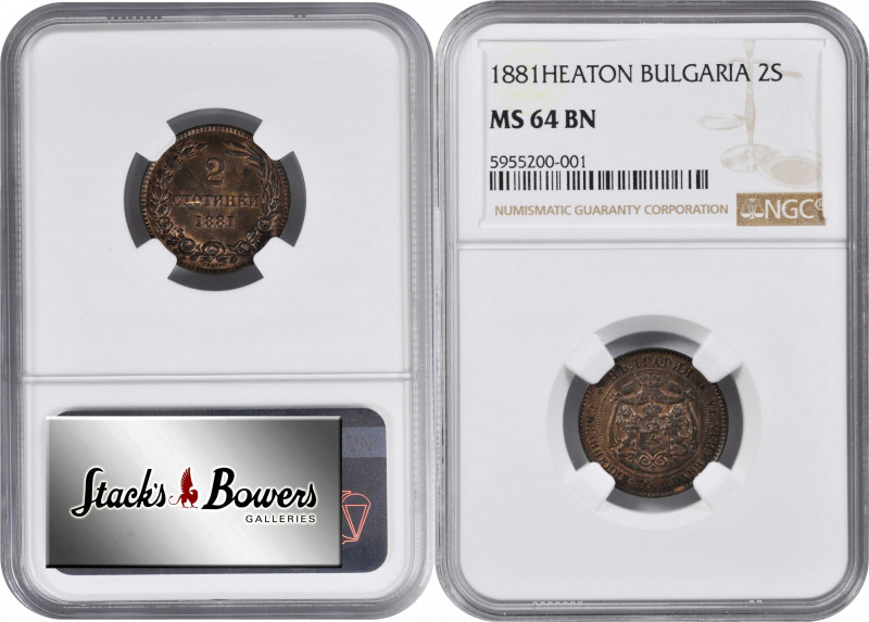 BULGARIA. 2 Stotinki, 1881. Heaton Mint. Alexander I. NGC MS-64 Brown.

KM-1. ...