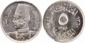 EGYPT. 5 Milliemes, AH 1360 (1941). London Mint. Farouk. PCGS SPECIMEN-63.

KM-363. A flashy and pleasing, fully lustrous coin, with a freshly minte...