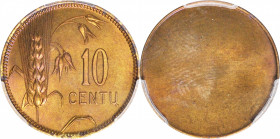 LITHUANIA. Uniface Aluminum-Bronze 10 Centu Trial Strike, ND (1925). Vilnius Mint. PCGS SPECIMEN-66.

KM-TS6. A wonderful example of this uniface ex...