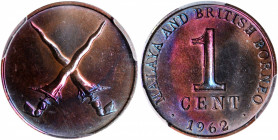 MALAYA AND BRITISH BORNEO. Cent, 1962. London Mint. PCGS SPECIMEN-63 Brown.

KM-6. A boldly struck and dramatically toned Cent, with bold lavender a...