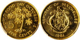 SEYCHELLES. 5 Cents, 1981. PCGS SPECIMEN-65.

KM-43. Issued for World Food Day and struck in Brass. A brightly lustrous and attractive Gem with dark...