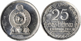 SRI LANKA. 25 Cents, 1996. PCGS SPECIMEN-64.

KM-141a. A one year issue. A brilliant and flashy coin, with dark, reflective fields and bold strike d...