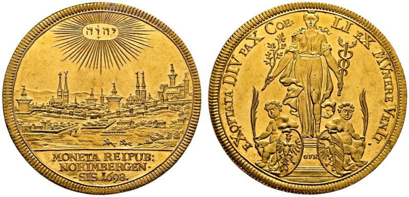 Nürnberg, Stadt. 5 Dukaten (Goldabschlag von den Talerstempeln) 1698. Auf den Fr...