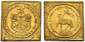 Nürnberg, Stadt. Lammdukaten-Klippe 1700 (geprägt 1755-1764). Friedensfahne über den drei Nürnberger Stadtwappen, unten das Münzzeichen IMF / Lamm mit...