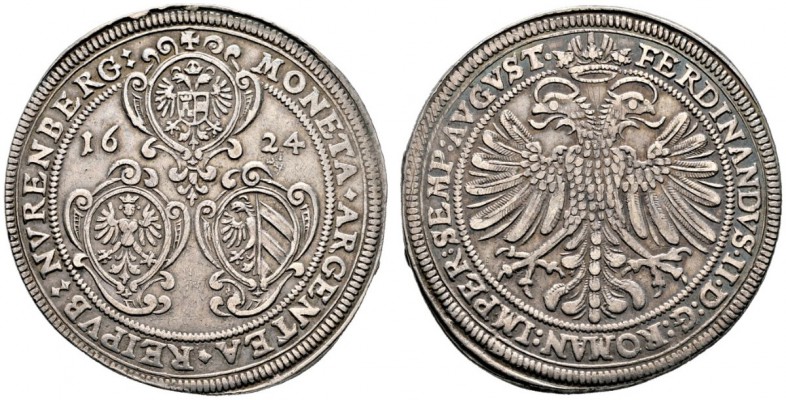 Nürnberg, Stadt. Taler 1624. Drei Wappenschilde und geteilte Jahreszahl / Gekrön...