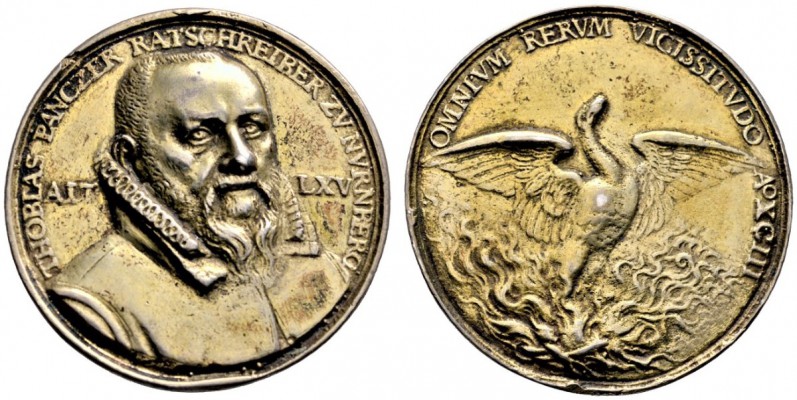 Nürnberg, Stadt. MARKEN und ZEICHEN. Vergoldete Silbermedaille 1593 von Matthäus...