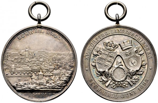 Schwäbisch Hall, Stadt. Tragbare Silbermedaille 1895 von W. Mayer, auf das 15. W...