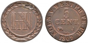 Westfalen, Königreich. Hieronymus Napoleon 1807-1813. Cu-5 Centimes-PROBE 1809. Mit "Pferdekopf" und Münzzeichen J. AKS 40 Anm., J. 32P. selten, vorzü...