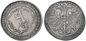 Worms, Stadt. Taler 1681. Stadtschild in einer mit elf Bogen verzierten Barockkartusche / Gekrönter Doppeladler mit dem Reichsapfel auf der Brust. Jos...