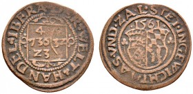 Württemberg. Christoph 1550-1568. Cu-Rechenpfennig 1561. Rechentafel / Quadriertes Wappen. KR 142, Ebner 54. sehr schön