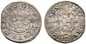 Württemberg. Friedrich I. 1593-1608. Gröschlein mit der Wertzahl 37 1/2 1593. Verzierter Schild mit den drei Hirschstangen / Schild mit den Rauten von...