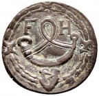Württemberg. Friedrich I. 1593-1608. Einseitige Kupfermarke mit der Wertzahl 3 o.J. In einem Lorbeerkranz das Jagdhorn mit Band zwischen F-H, darunter...