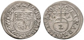 Württemberg. Julius Friedrich 1631-1633. 2 Kreuzer 1631. Quadriertes Wappen / Reichsapfel mit Wertzahl. KR 537, Ebner 6. sehr schön