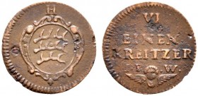 Württemberg. Friedrich Karl 1677-1693. Cu-Heller zu 1/6 Kreuzer o.J. Verzierter Schild mit den drei Hirschstangen, darüber H / Wertangabe über Engelsk...