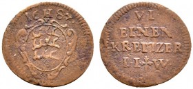 Württemberg. Friedrich Karl 1677-1693. Cu-Heller zu 1/6 Kreuzer 1687. Ähnlich wie vorher, jedoch ohne Engelskopf auf dem Revers. KR 641, Ebner 35. sel...