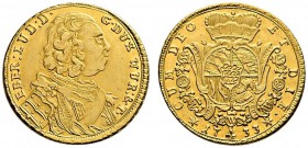 Württemberg. Eberhard Ludwig 1693-1733. Karolin 1733. Brustbild im Harnisch mit kurzen Haaren, Hermelin­mantel und Ordensband nach rechts / Unter dem ...