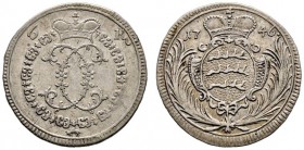 Württemberg. Karl Eugen 1744-1793. 6 Kreuzer 1746. Mit Monogramm und ohne Umschrift. Ohne Zentrierpunkt im Monogramm. KR 289a, Ebner 34. winzige Schrö...