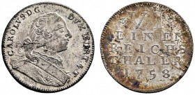 Württemberg. Karl Eugen 1744-1793. 1/6 Reichstaler 1758. Prägung für Auslandszahlungen, sogen. Kriegsgeld. Mit Brustbild. KR 351, Ebner 108. Prachtexe...