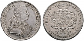 Württemberg. Karl Eugen 1744-1793. Konventionstaler 1769. Brustbild im Harnisch nach rechts mit zusammengebundenen Haaren und einem schmalen Band über...