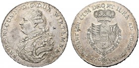 Württemberg. Friedrich II./I. 1797-1806-1816. Konventionstalers 1798 von C.H. Küchler. Brustbild im Harnisch nach links, über der linken Schulter ein ...