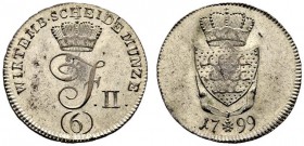 Württemberg. Friedrich II./I. 1797-1806-1816. 6 Kreuzer 1799. Gekrönte Initiale, darunter Wertangabe / Gekrönter Wappenschild mit umlegtem Ordensstern...
