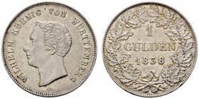 Württemberg. Wilhelm I. 1816-1864. Gulden 1838 von A. Dietelbach. Mit Signatur A.D. KR 93.2, AKS 84, J. 63. kleiner Randfehler, minimale Kratzer, sehr...