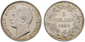 Württemberg. Wilhelm I. 1816-1864. Gulden 1855. KR 95.19, AKS 85, J. 70a. leichte Tönung, winzige Kratzer, vorzüglich-Stempelglanz