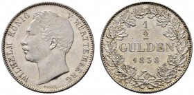 Württemberg. Wilhelm I. 1816-1864. 1/2 Gulden 1838. KR 98, AKS 86, J. 69a. Prachtexemplar, winzige Kratzer, fast Stempelglanz aus polierten Stempeln