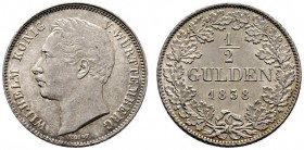 Württemberg. Wilhelm I. 1816-1864. 1/2 Gulden 1838. KR 98, AKS 86, J. 69a. leichte Tönung, vorzüglich-Stempelglanz
